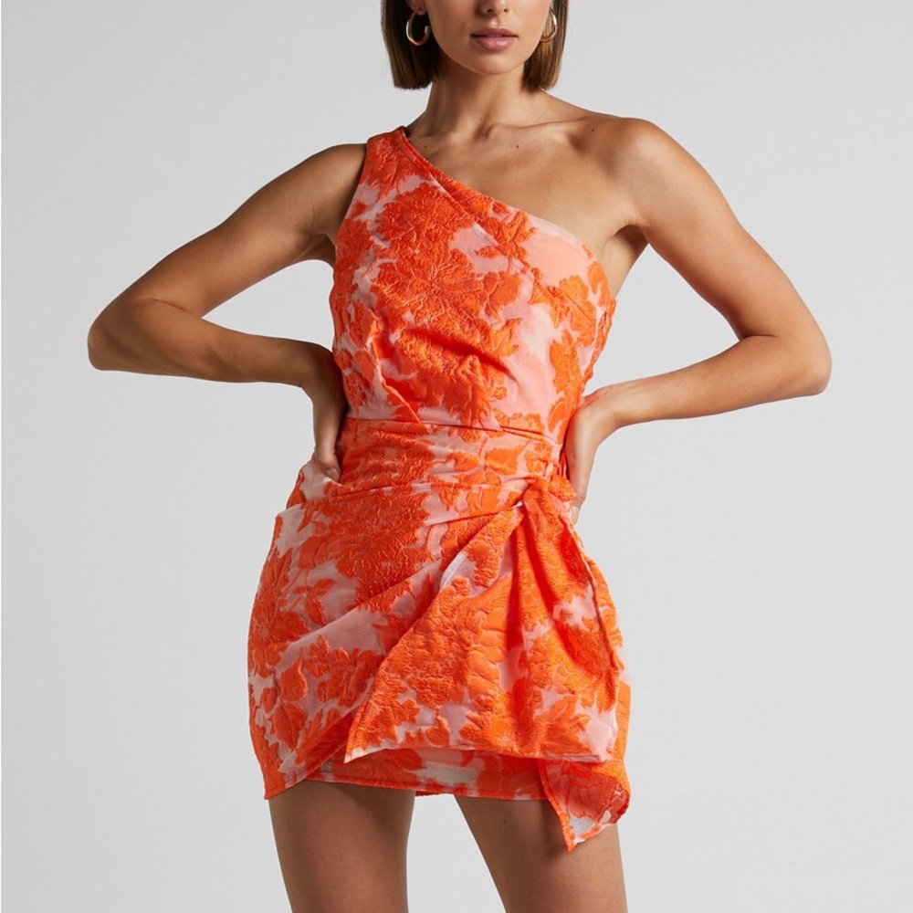 Showpo Brailey mini dress- one shoulder wrap front dress in orange jacquard